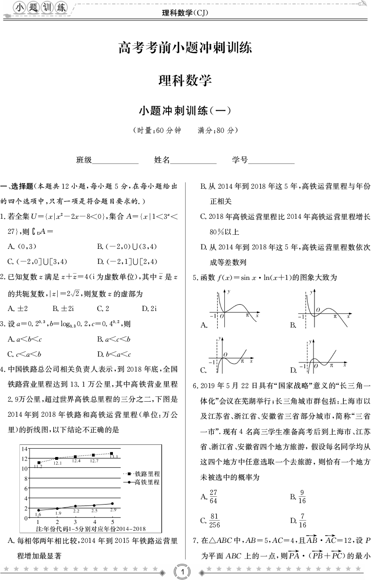 [理數(shù)]師大附中、長沙一中2020高考考前小題訓(xùn)練